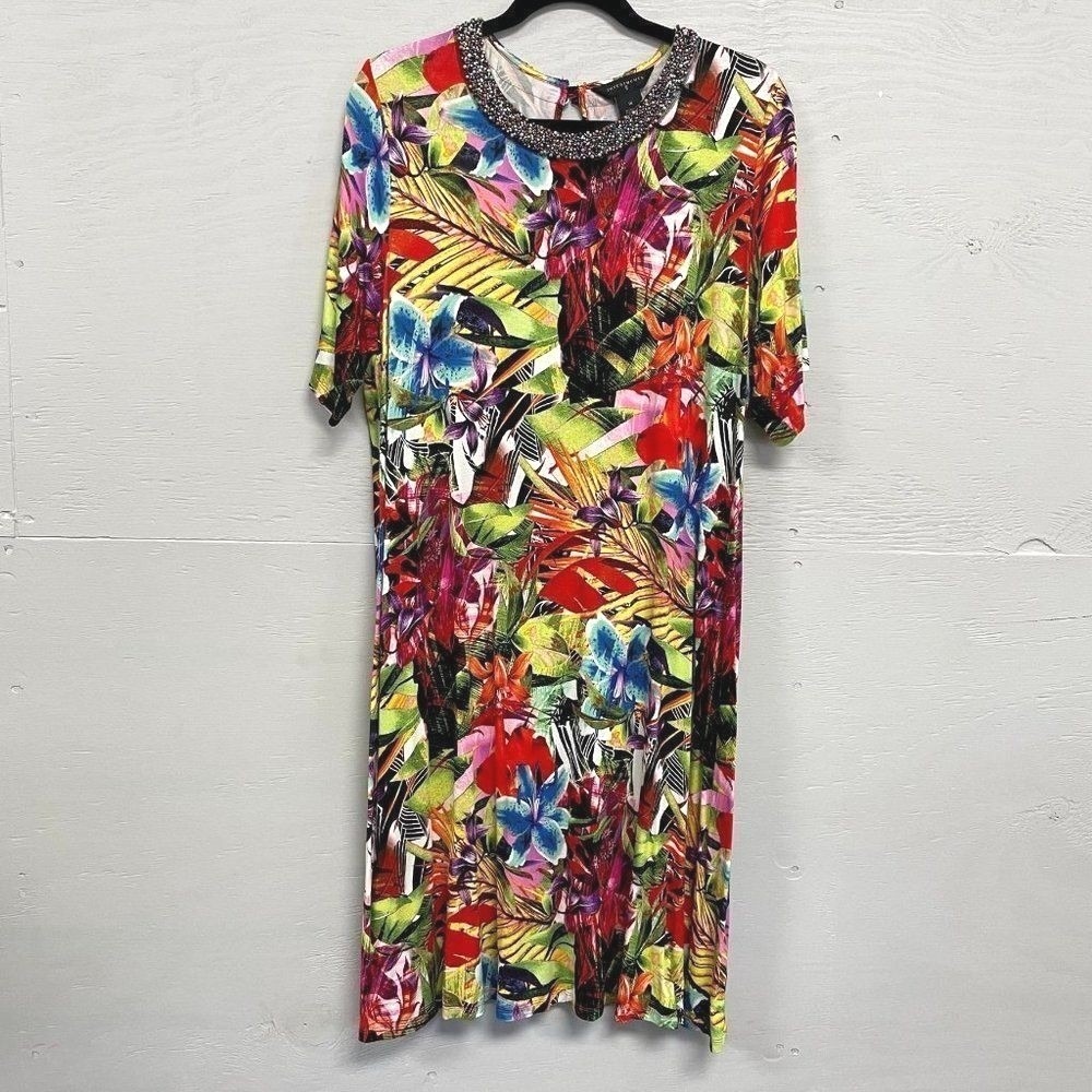 Investments II Tropical Floral Beaded Neckline Shift Dress Multicolor 1X Womensโ